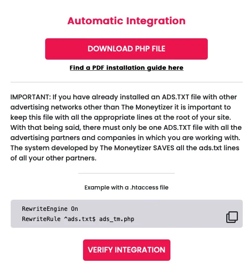 Automatic Moneytizer Integration