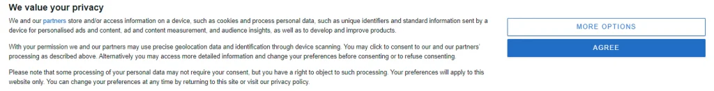 Example of Consent banner from The Moneytizer