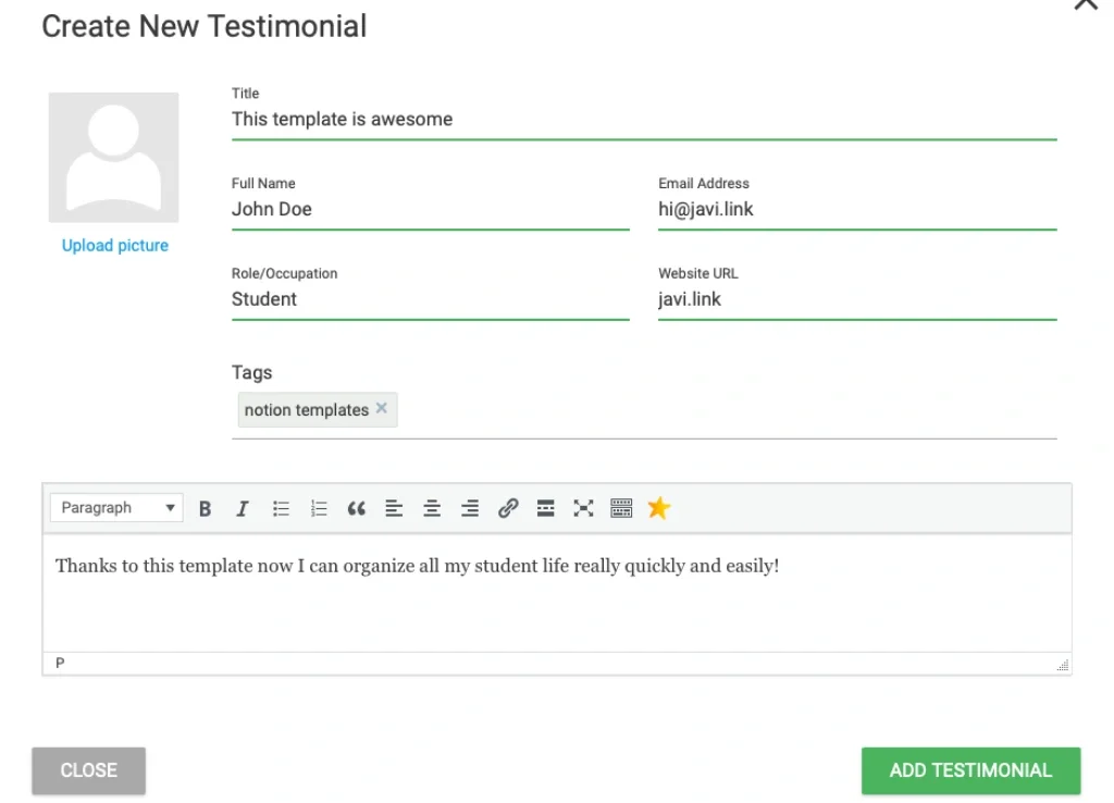 Example of testimonial with thrive ovation