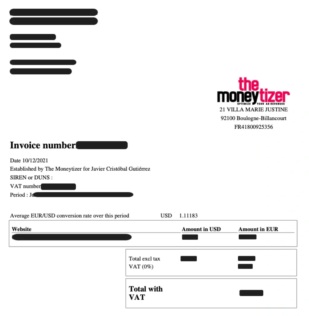 Example of The Moneytizer invoice
