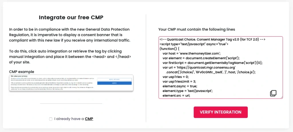 Free Consent Banner from The Moneytizer and quancast