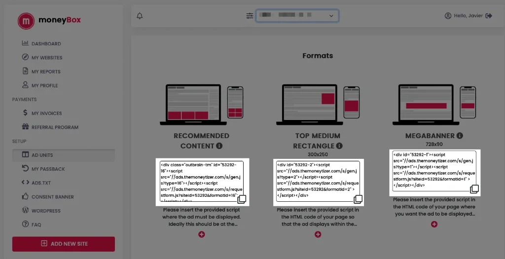 How to install ad units with the moneytizer