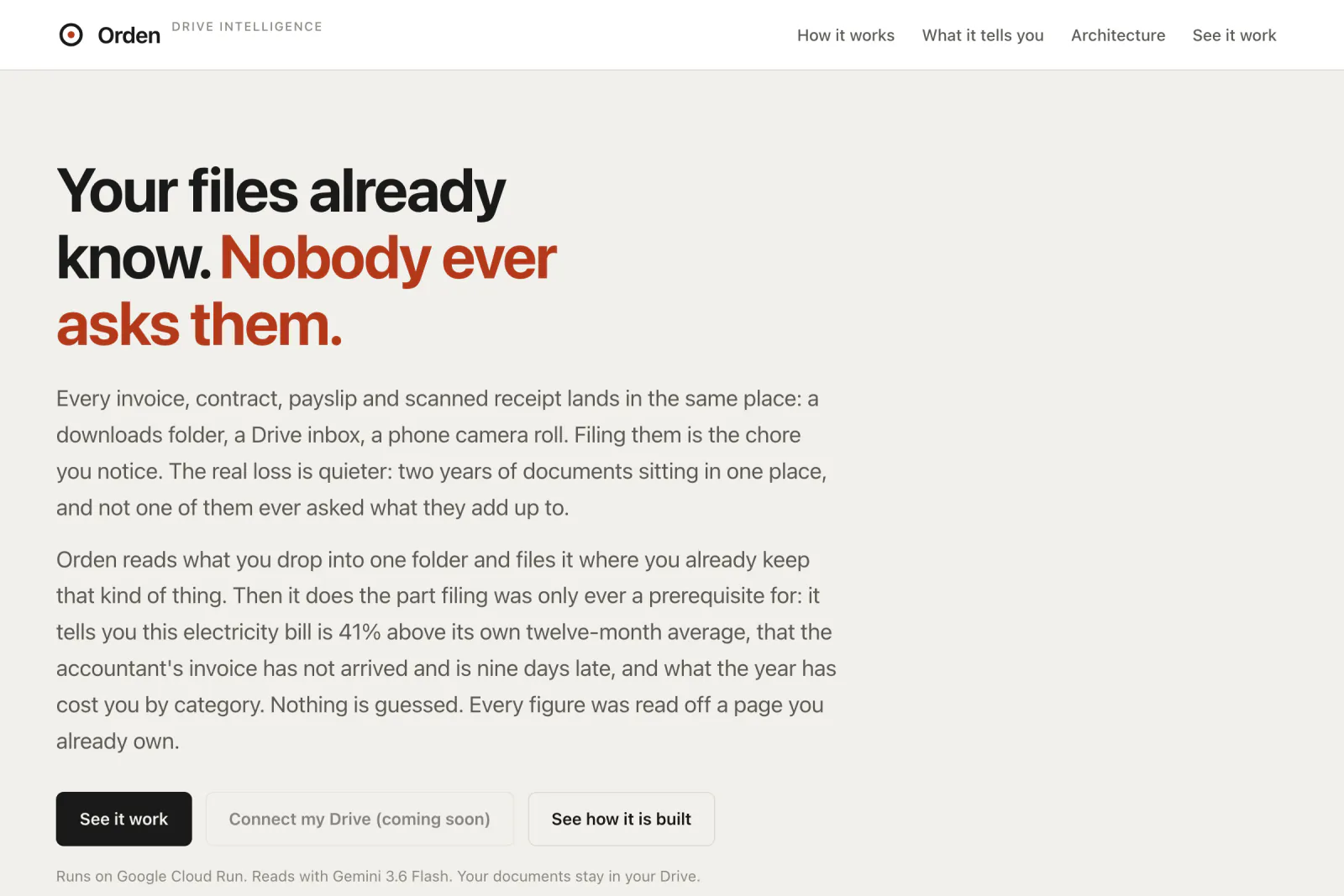 The Orden landing page: an autonomous agent that reads and files documents from a Google Drive folder