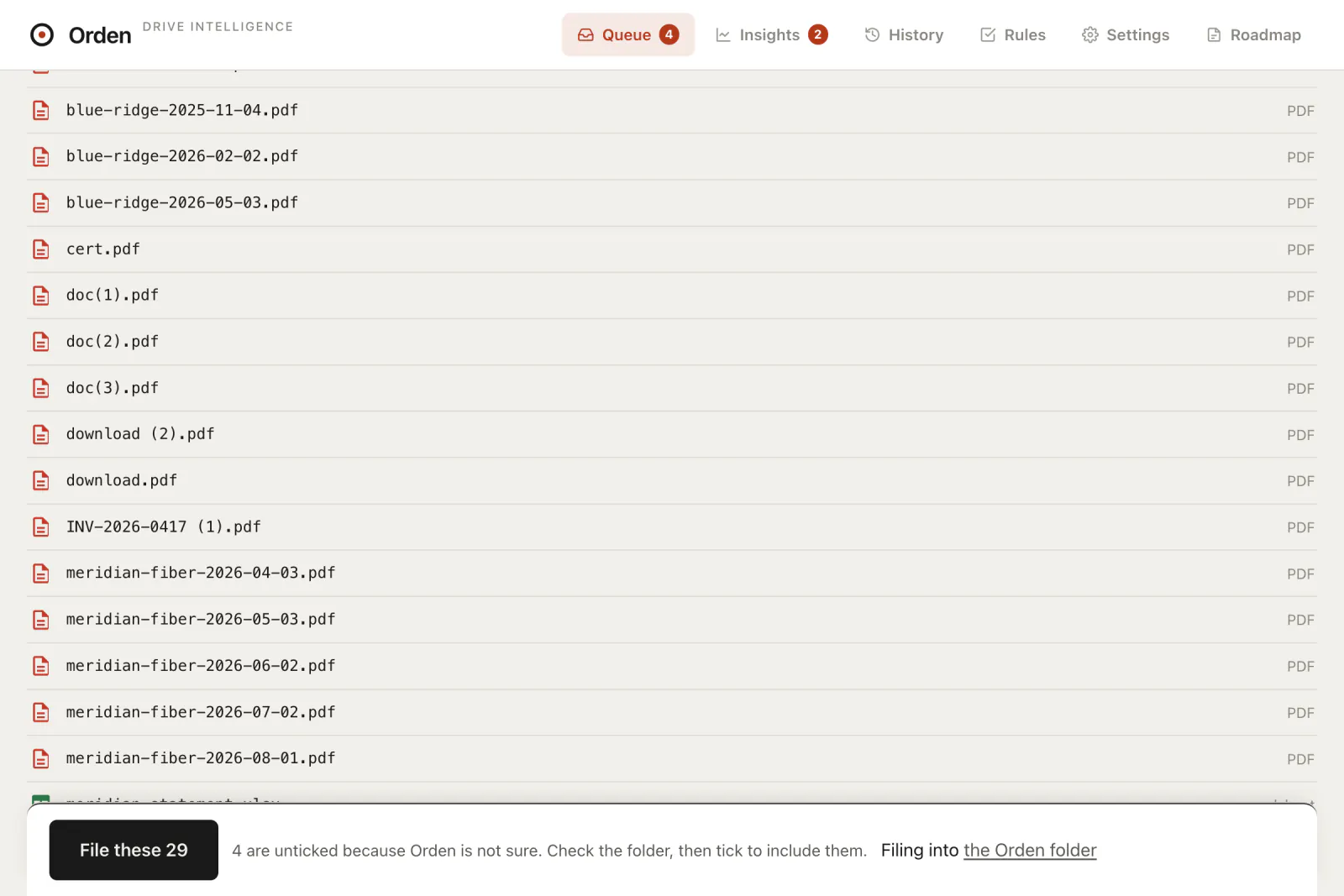 An inbox of 33 real documents with meaningless filenames like doc(1).pdf and Scan_20260131_0002.pdf
