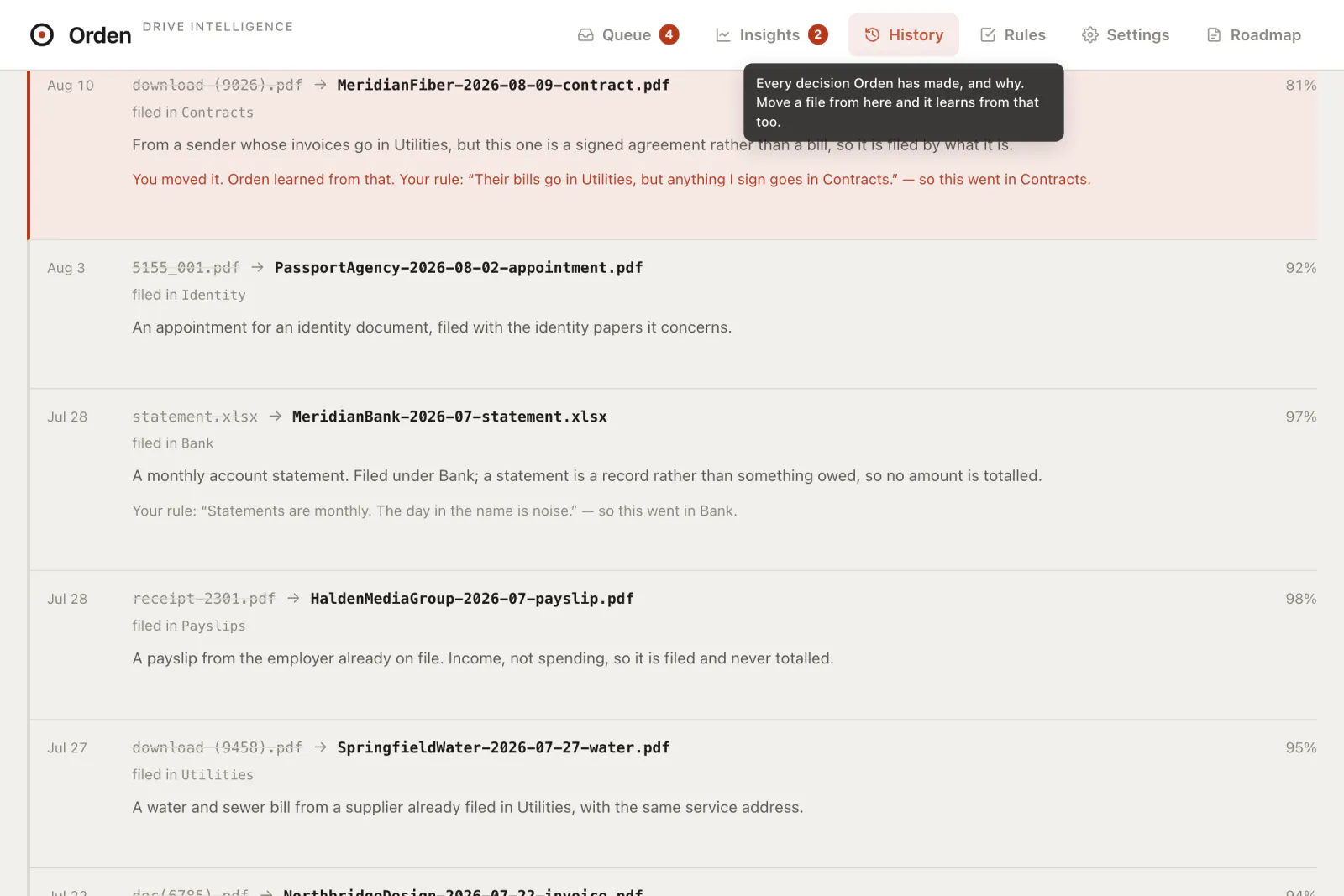 Orden's history tab showing past filings, the reason for each, and the user corrections that were promoted into stated rules