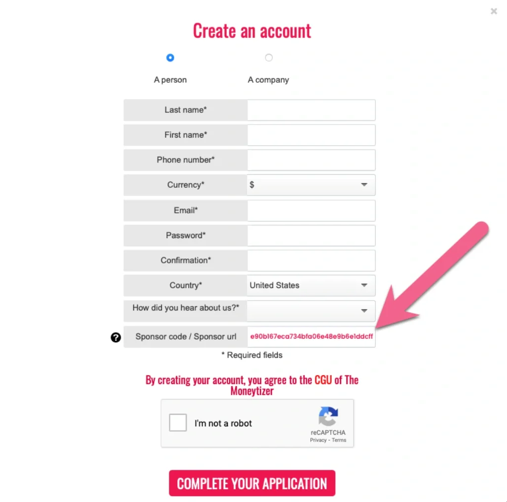 The Moneytizer sponsor code