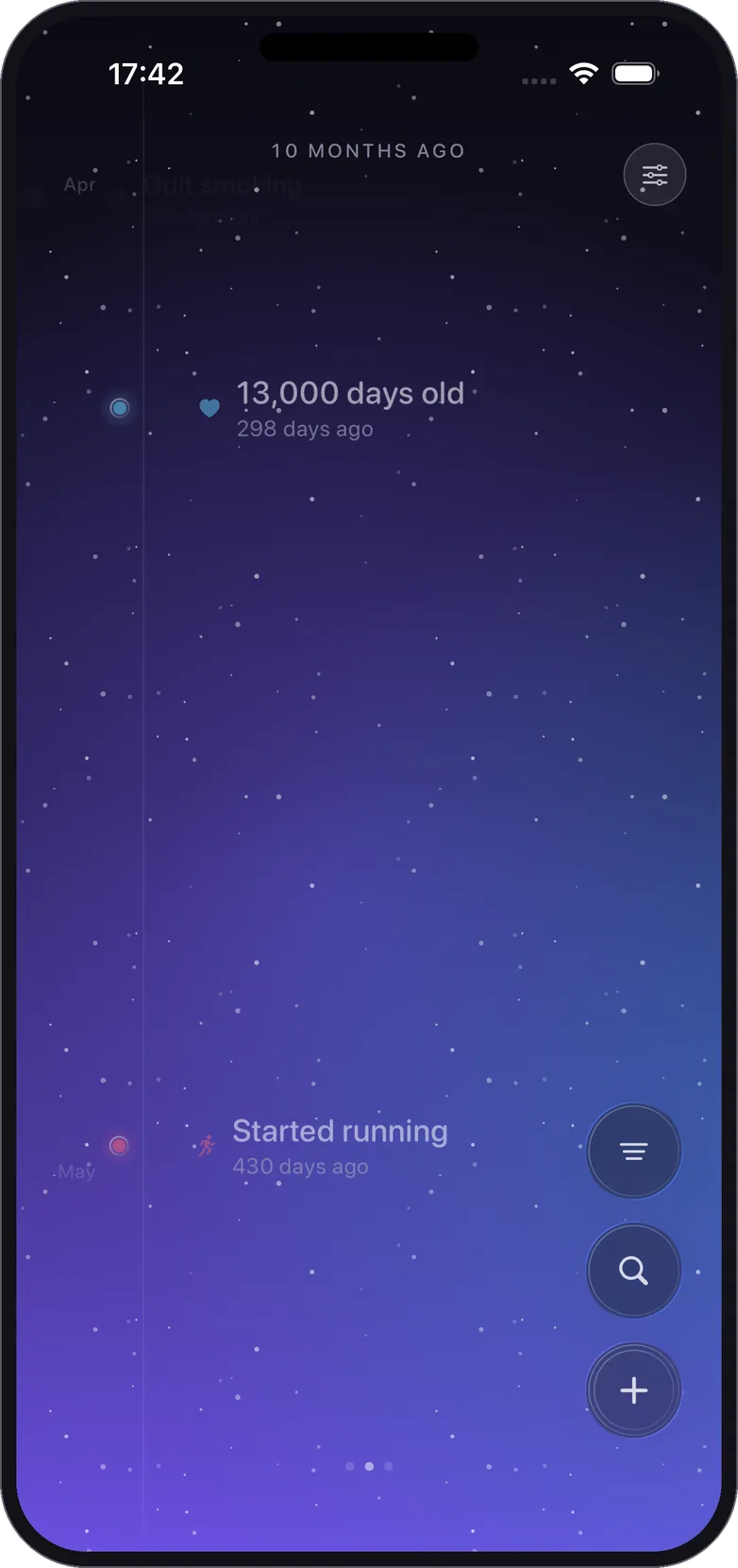 Momentline on iPhone showing a moment reading 13,000 days old, 298 days ago, on a starfield timeline