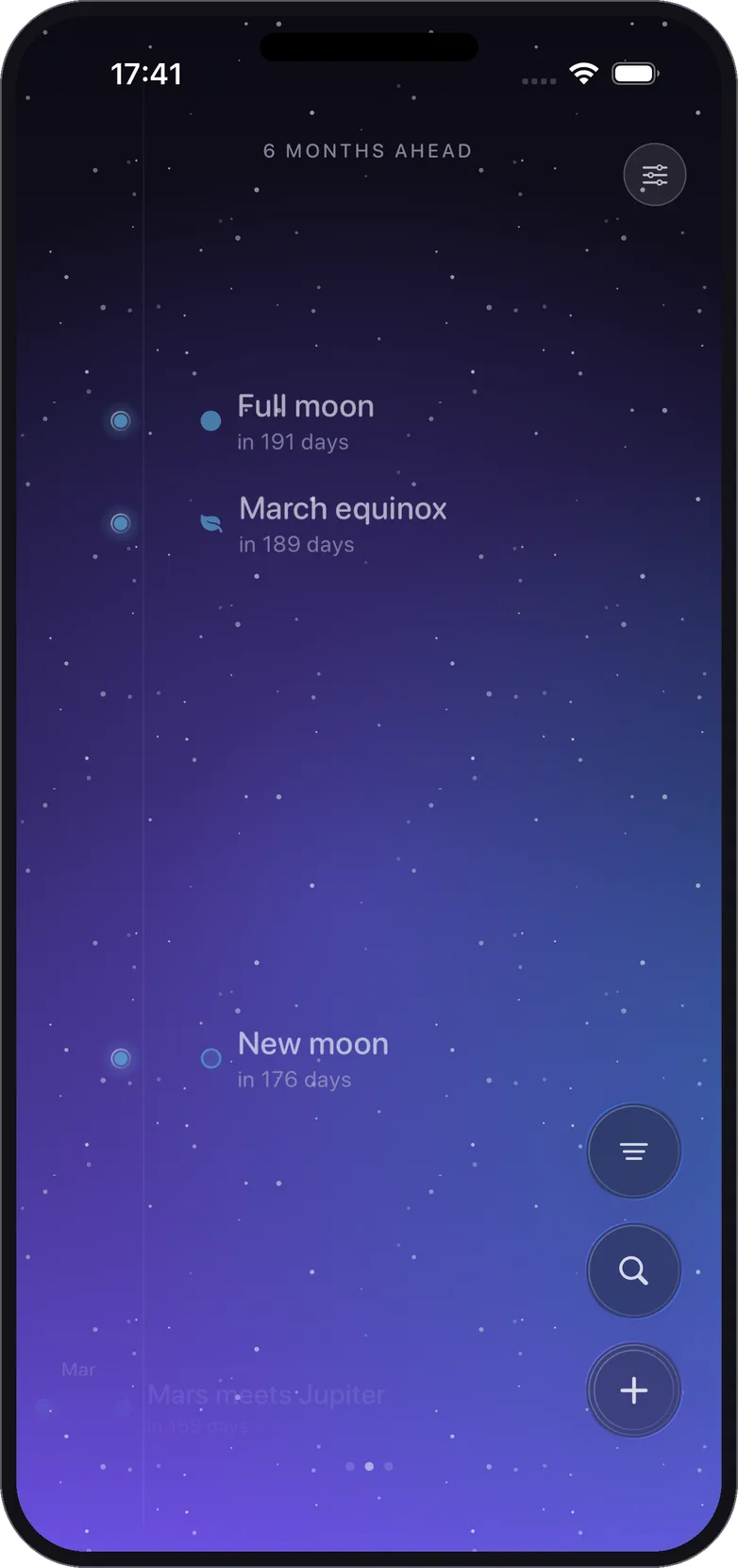 Momentline on iPhone showing upcoming celestial moments: a full moon in 191 days, the March equinox in 189 days, a new moon in 176 days