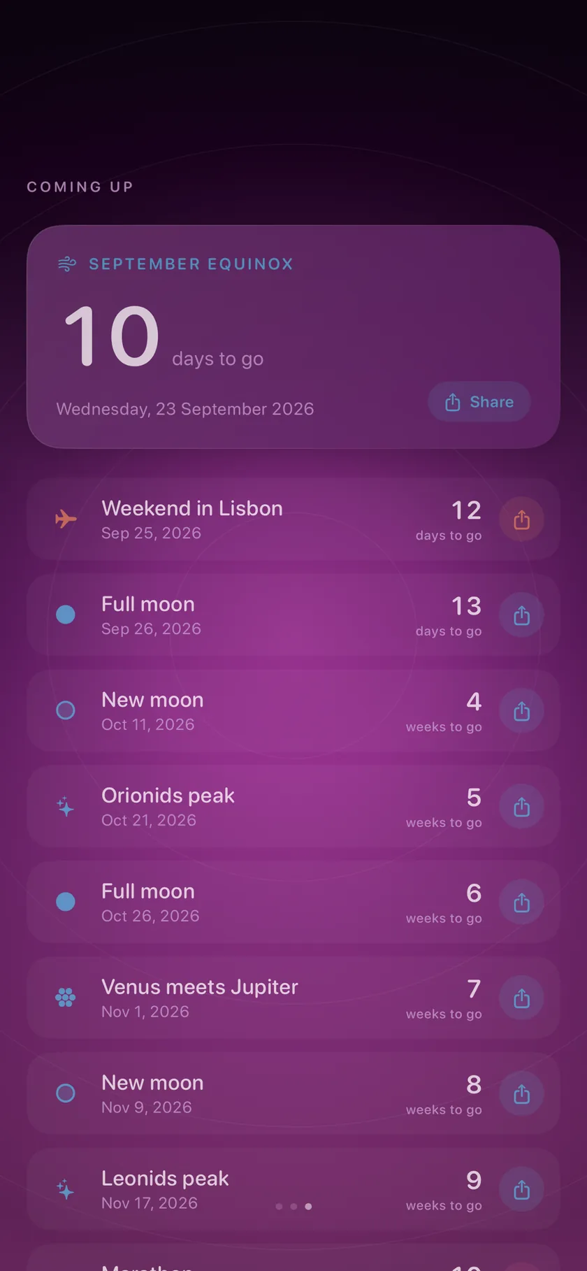 Momentline coming up list: the September equinox in 10 days, a weekend in Lisbon in 12 days, a full moon in 13 days