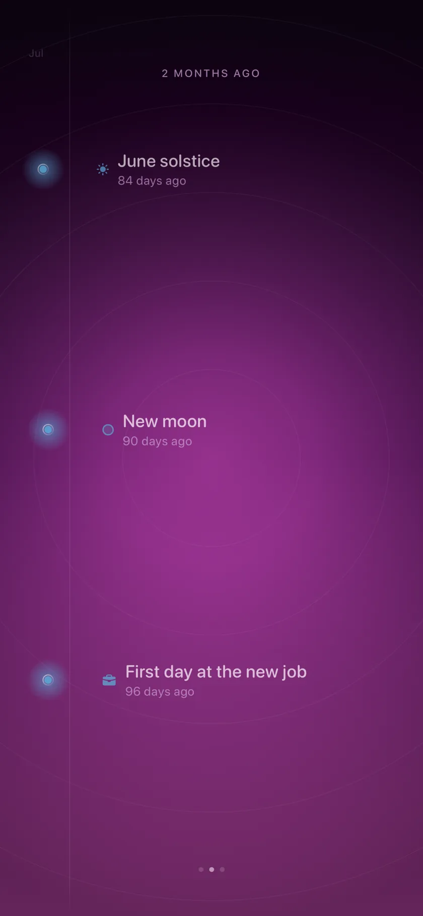 The Momentline timeline in the Bloom theme, a magenta gradient ground