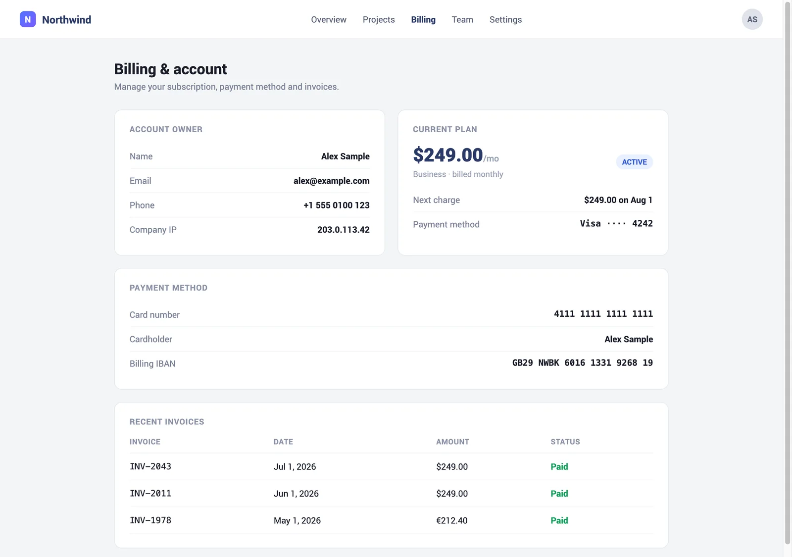 The same billing page with SafeCast off, showing a real email, phone, card number and IBAN
