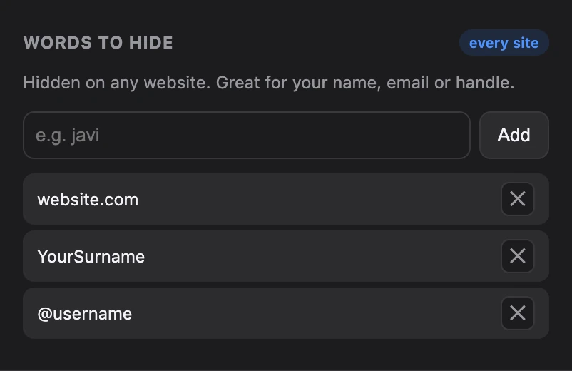 SafeCast popup: Hide any word, everywhere